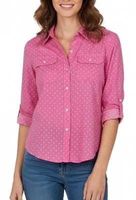 Camisa Lauren Ralph Lauren Para Mujer Rosa Blanco Punto Algodón Voile LS Botón Talla PL Foto 1 de 4