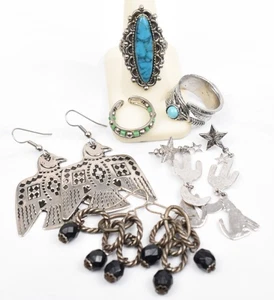 Lot of 6 Southwestern Silver Plate Dangle Earrings & Assorted Rings in Styles - Picture 1 of 24