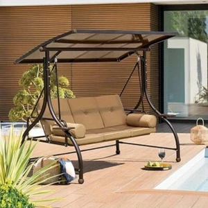 Outdoor Patio Swing, 3 Seat Patio Swing Chair with Adjustable Canopy, Khaki - Picture 1 of 9