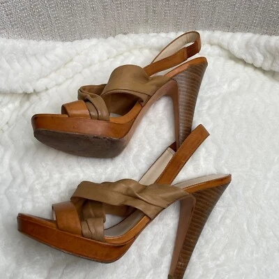 Sandalias de plataforma Coach Astor de cuero tostado de moda con tiras talla 8 B Foto 1 de 4