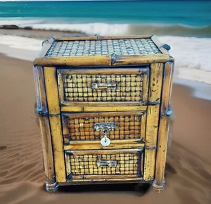 VTG Coastal Boho Tortoise Bamboo Side Table 3 Drawer Porcelain Medallion Retro - Picture 1 of 19