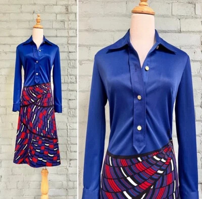 Vestido camisa midi vintage década de 1970 Roberta Di Camerino azul trompe l’oeil / pequeno - Imagem 1 de 4
