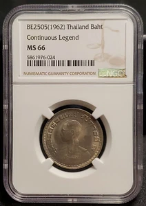 BE2505 (1962) Thailand 1 Baht Rama IX Continuous Legend NGC MS-66 - Picture 1 of 6