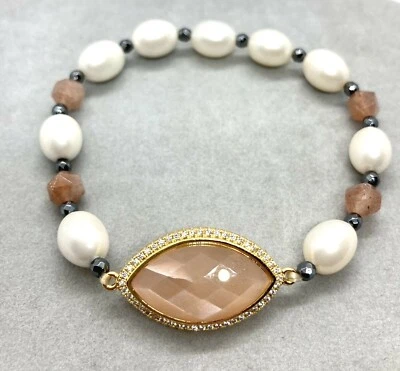 Peach Moonstone Faceted Stone Bracelet w/ Pearl , CZ Gold Tone Stretch Bracelet - Image 1 of 4