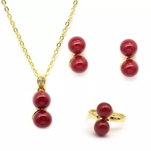 Gold Plated Natural Red Agate Stones Pendant Necklace & Earrings Rings Set. - Picture 1 of 3