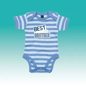 Best Little Brother Blue Stripe Babygrow - Baby Vest Newborn One Piece Boy Short - Picture 1 of 8