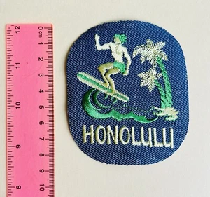 Vintage Denim Embroidered Honolulu Iron On Patch Travel Beach Hawaii - Picture 1 of 4