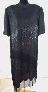 Vintage 80er Scala 2X Seide Perlen Pailletten schwarz 41" bis 38" langes Cocktailkleid - Bild 1 von 11