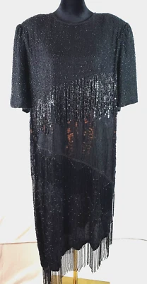 Vestido de cóctel vintage años 80 SCALA 2X seda con cuentas lentejuelas negro 41" a 38" largo Foto 1 de 4