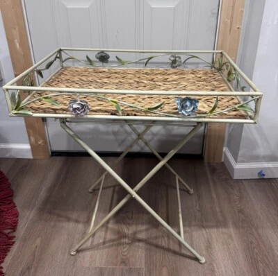 Wrought Iron & Rattan Vintage Tray Table Embellished with Flowers See Pictures  - Image 1 of 4