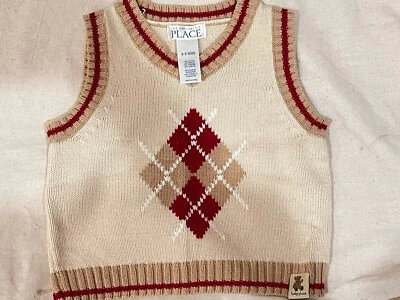 COLETE CHILDREN’S PLACE BOYS CRIANÇA ARGYLE TAMANHO 6/9 MESES COR BEGE VERMELHO EUC - Imagem 1 de 3