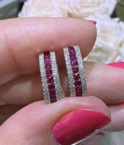 2Ct Round Cut Lab Created Ruby Diamond Hoop Earrings 14K White Gold Plated - Picture 1 of 2