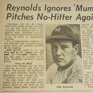 1951 Allie Reynolds No Hitter New York Yankees vs Cleveland recorte de periódico - Imagen 1 de 2