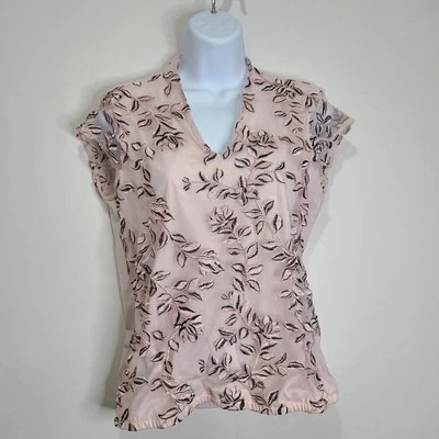 Liz Claiborne Top Womens Medium Pink Black Lace Floral Lining Cap Sleeve V-Neck - Image 1 of 4