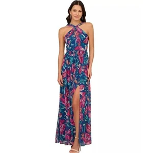 Adrianna Papell Chiffon Halter Gown Dress, sz 10, Blue Multi Floral | NEW $249 - Picture 1 of 5