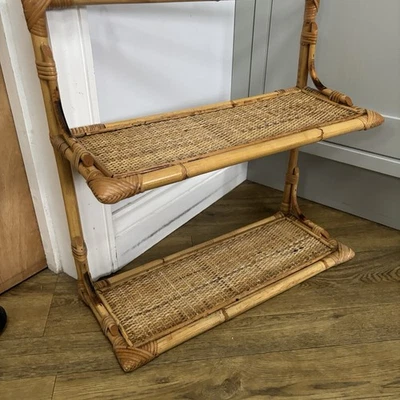 Vtg Wicker Rattan Wall Shelf 2 Tier Boho Decor Display Storage Rack 50cm - Image 1 of 4