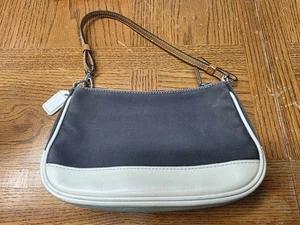 Borsa a mano piccola Coach Hamptons Demi blu tela bordo pelle #7748 vintage  - Foto 1 di 16