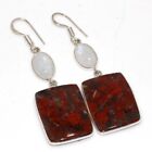 925 Silver Plated-Red Jasper Rainbow Moonstone Ethnic Earrings Jewelry 2.5" W300