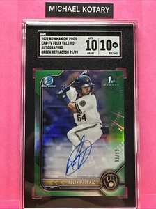 FELIX VALERIO 2022 BOWMAN CHROME GREEN REFRACTOR AUTO SGC 10/10 91/99 Brewers  - Picture 1 of 2