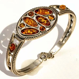 Hermoso brazalete ovalado de diseño ámbar báltico miel plata esterlina 925 maciza 7 pulgadas - Imagen 1 de 3