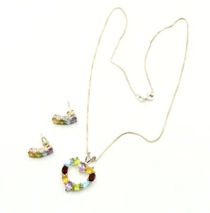 Vintage Sterlingsilber Halbedelstein Edelstein Herz Anhänger Halskette & Ohrringe - Bild 1 von 12