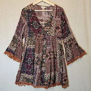 Umgee Moroccan Design Print Ball Fringe Bell Sleeve Fall Colors Dress Small - Picture 1 of 11