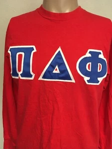 Vintage 80s HANES NU ALPHA PHI PATCH GRAPHIC LONG SLEEVE T SHIRT Red USA MADE M - Picture 1 of 12
