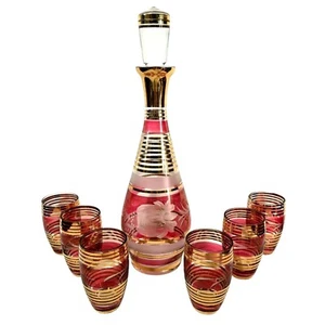 VTG Czech Bohemian Cranberry Red Cut-To-Clear Decanter & 6 Glass Set Gold Trim - Picture 1 of 17