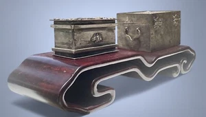 Antique Pair of Chinese Silver Metal Tone Trinket boxes w/Wood Craved  Stand 13” - Picture 1 of 24