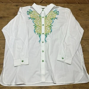 Bob Mackie Wearable Art weiße Stickerei Blumen Bluse Knopfleiste Langarm 2X - Bild 1 von 10