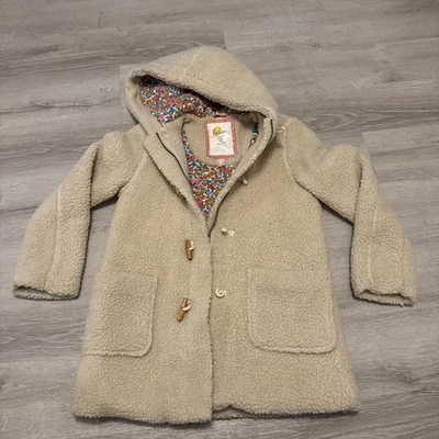 Mini Boden Kids Beige Sherpa Full Zip Jacket Floral Lining Pockets Size 11-12 Y - Image 1 of 4
