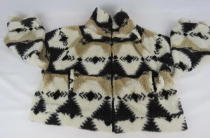O NEILL Fleece Cropped Jacket Women Sz M Full zip Pockets Tan Beige Black Azte - Picture 1 of 7