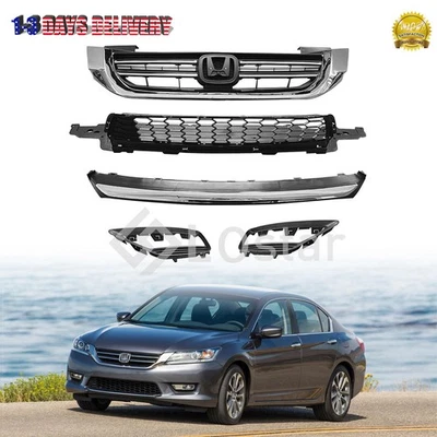 Fit 2013-2015 Honda Accord Front Upper Lower Grille W/ Chrome Molding Trim Fog - Image 1 of 4