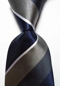 New Classic Striped Dark Blue Gray White JACQUARD WOVEN Men's Tie Necktie - Picture 1 of 2