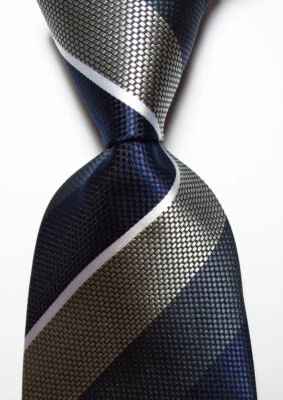 Nueva Corbata Clásica Rayas Azul Oscuro Gris Blanco TEJIDA JACQUARD Para Hombre Foto 1 de 2