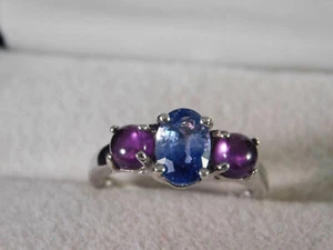 1.34 Ct. Blue Sapphire and Amethyst Three-Stone Sterling Silver Ring - Picture 1 of 7