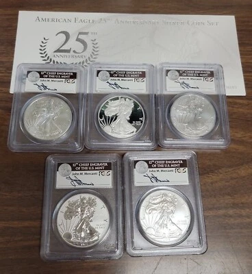 Juego de 5 monedas American Silver Eagle 2011 25 aniversario graduación profesional PR70 MS70 FS Mercanti Foto 1 de 4