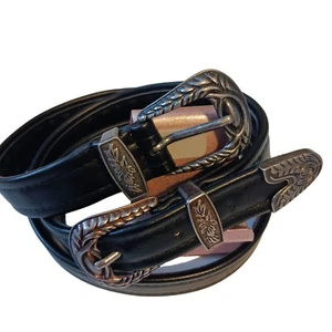 Western Double Buckle Black Belt Silver Tone Buckle,Faux Leather Country size 11 - Picture 1 of 14