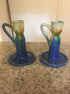 Handmade Signed Pottery Pair of Candle Holders with Handle - Picture 1 of 4