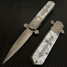 9” Silver Pearl Cross Tactical Spring Assisted Folding Pocket Knife Girl’s Knife