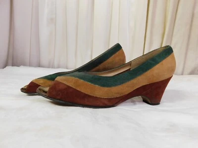 Vintage 80's  Brown, Tan, Green Suede Wedges High Heels Size 10 - Image 1 of 4