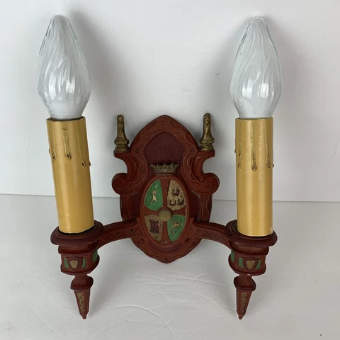 Vintage Double Candle Wall Sconce Electric Cast Iron Metal Medieval Castle, READ Cover
