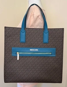 Borsa a tracolla Michael Kors Kenly grande marrone blu laguna MK firma tote - Foto 1 di 12