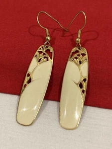Vintage EDGAR BEREBI Cream Gold Tone Pierced Oval Dangle Drop Large Earrings - Picture 1 of 16