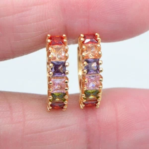 18K Yellow Gold Filled Women Fashion Rainbow Topaz Hoop Huggie Earrings - Picture 1 of 8