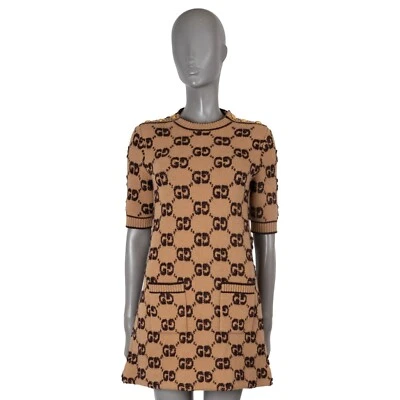 70502 auth GUCCI camel & brown wool 2024 MONOGRAM BOUCLE JACQUARD Dress M - Image 1 of 4