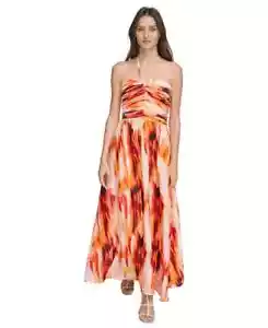 DKNY Printed Satin Strappy Halter Maxi Dress Women's XL Orange Blossom Back Tie - Picture 1 of 15