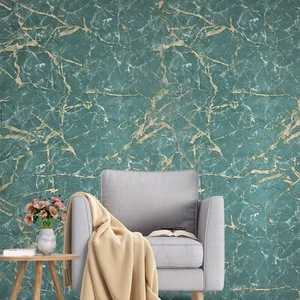 Teal green gold brass metallic faux marble stone plaster textured Wallpaper roll - Picture 1 of 17