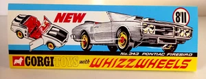 CORGI TOYS 343 PONTIAC FIREBIRD NEW DOUBLE SIDED SHELF TALKER SHOP DISPLAY - Picture 1 of 13