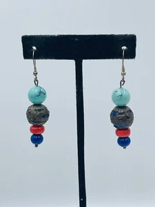 Chinois Vintage Argent Sterling Bleu Turquoise Corail Perle Pendantes Oreilles - Photo 1 sur 5